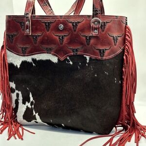 Dancing Cactus Design leather tote purse fringe red Cowhide Western Longhorn